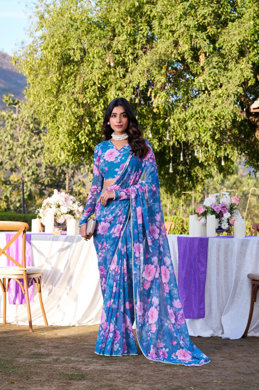 Blue Weightless Marble Print Saree with Pearl Matching Blouse