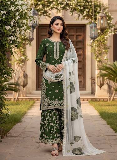 Bottle Green Designer Pure Fendi Silk Plazzo Top and Dupatta For Party Wear