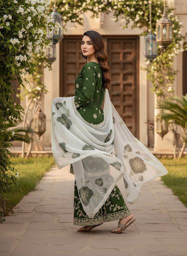 Bottle Green Designer Pure Fendi Silk Plazzo Top and Dupatta For Party Wear