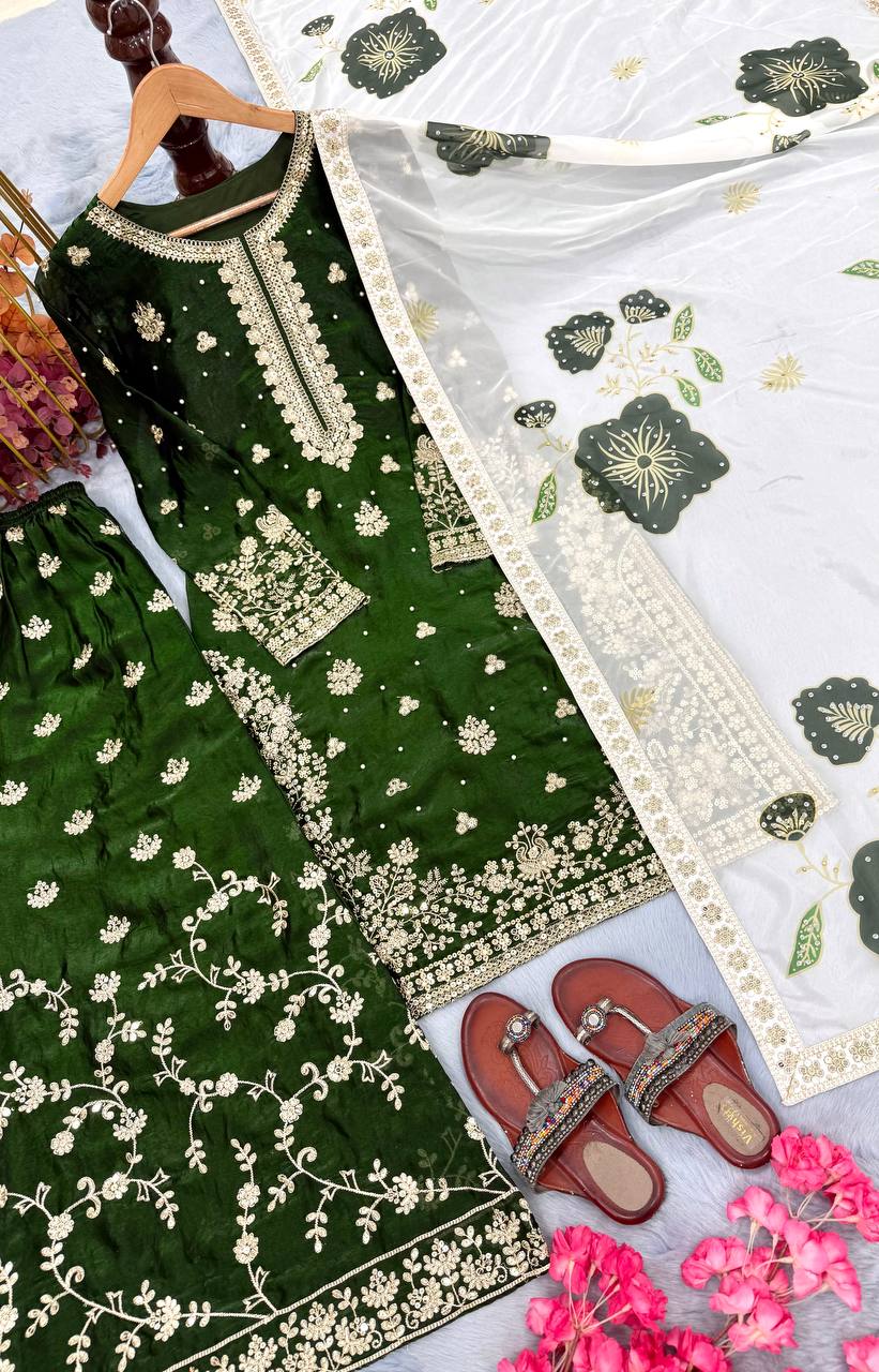 Bottle Green Designer Pure Fendi Silk Plazzo Top and Dupatta For Party Wear