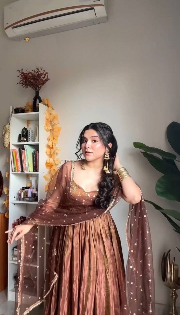 Brown Designer Fandy Silk Embroidery Gown and Dupatta For Party Wear