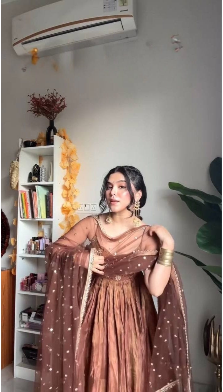 Brown Designer Fandy Silk Embroidery Gown and Dupatta For Party Wear