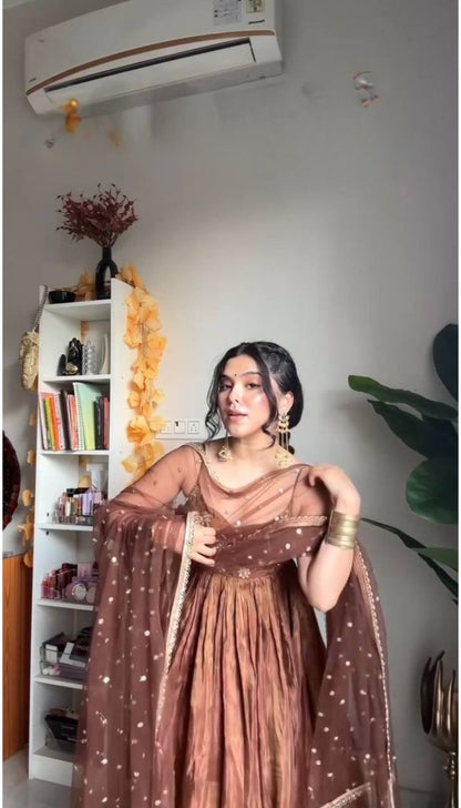 Brown Designer Fandy Silk Embroidery Gown and Dupatta For Party Wear