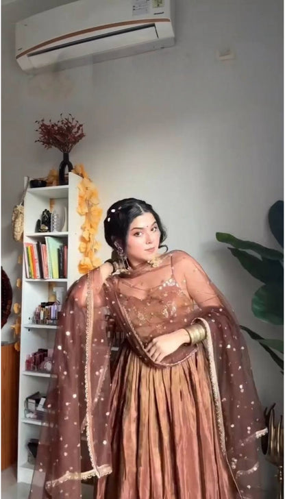Brown Designer Fandy Silk Embroidery Gown and Dupatta For Party Wear