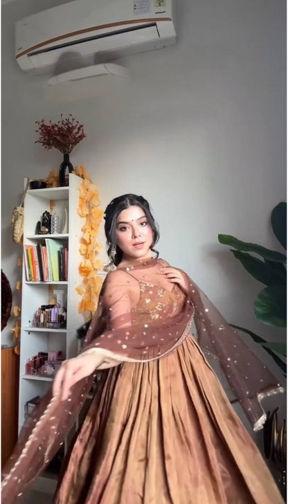Brown Designer Fandy Silk Embroidery Gown and Dupatta For Party Wear