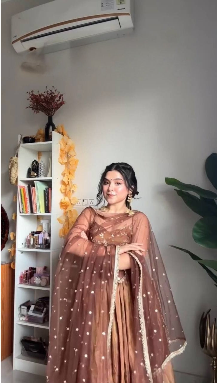Brown Designer Fandy Silk Embroidery Gown and Dupatta For Party Wear