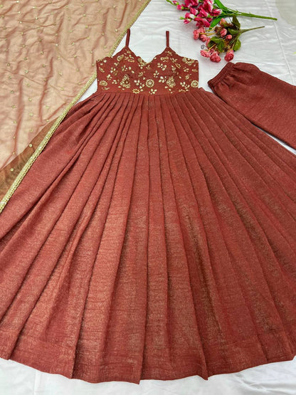 Brown Designer Fandy Silk Embroidery Gown and Dupatta For Party Wear