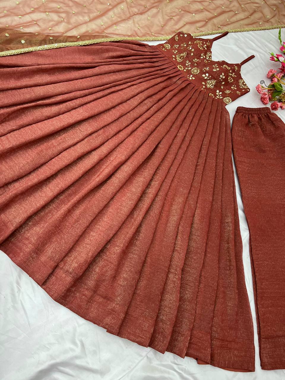 Brown Designer Fandy Silk Embroidery Gown and Dupatta For Party Wear