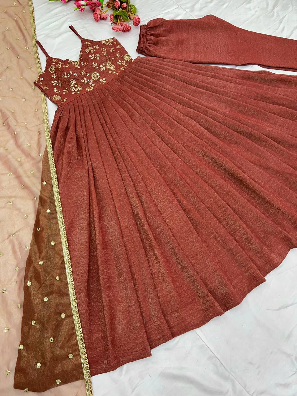 Brown Designer Fandy Silk Embroidery Gown and Dupatta For Party Wear