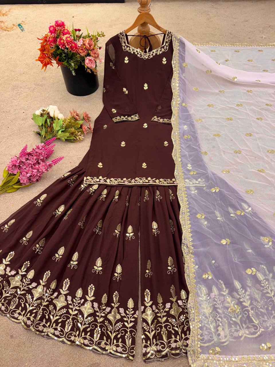 Brown Designer Faux Georgette Sharara Palazzo and Dupatta For Party Wear