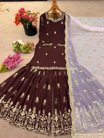 Brown Designer Faux Georgette Sharara Palazzo and Dupatta For Party Wear