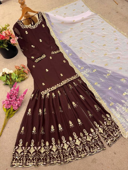 Brown Designer Faux Georgette Sharara Palazzo and Dupatta For Party Wear
