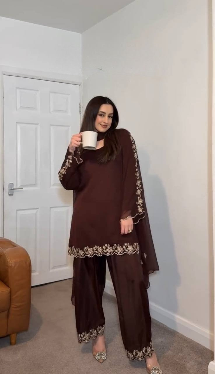 Brown Designer Georgette Farshi Plazzo Top and Dupatta For Party Wear