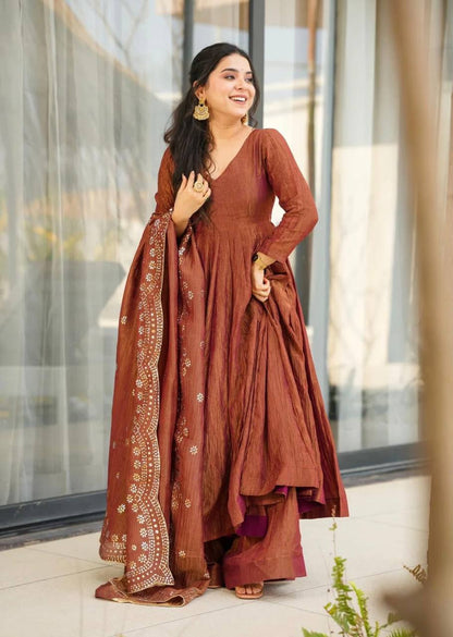 Brown Designer Heavy Fandy Silk Gown with Dupatta For Party Wear 
