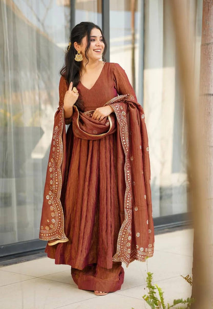 Brown Designer Heavy Fandy Silk Gown with Dupatta For Party Wear 