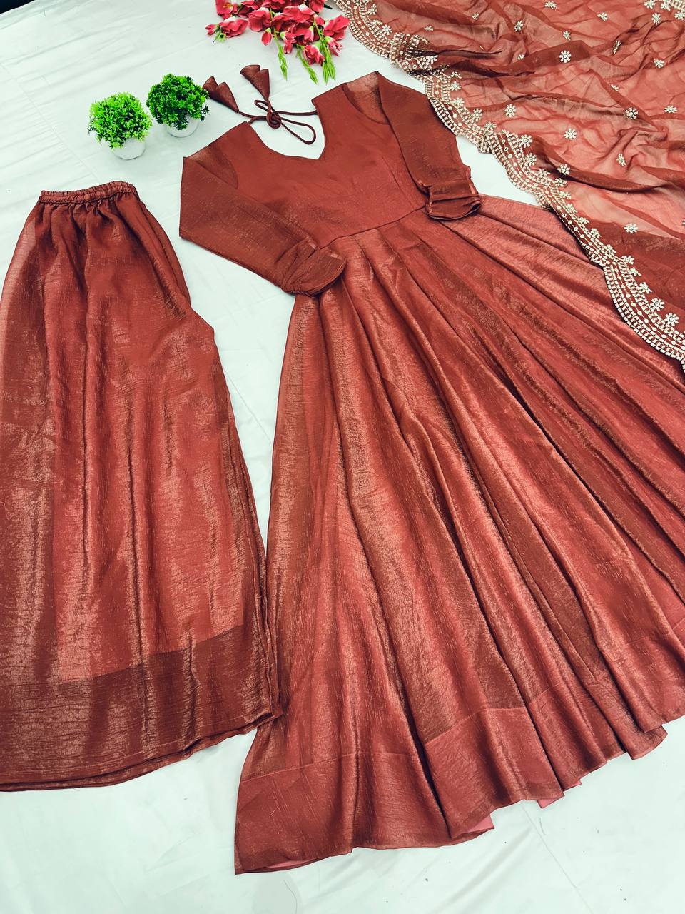 Brown Designer Heavy Fandy Silk Gown with Dupatta For Party Wear 