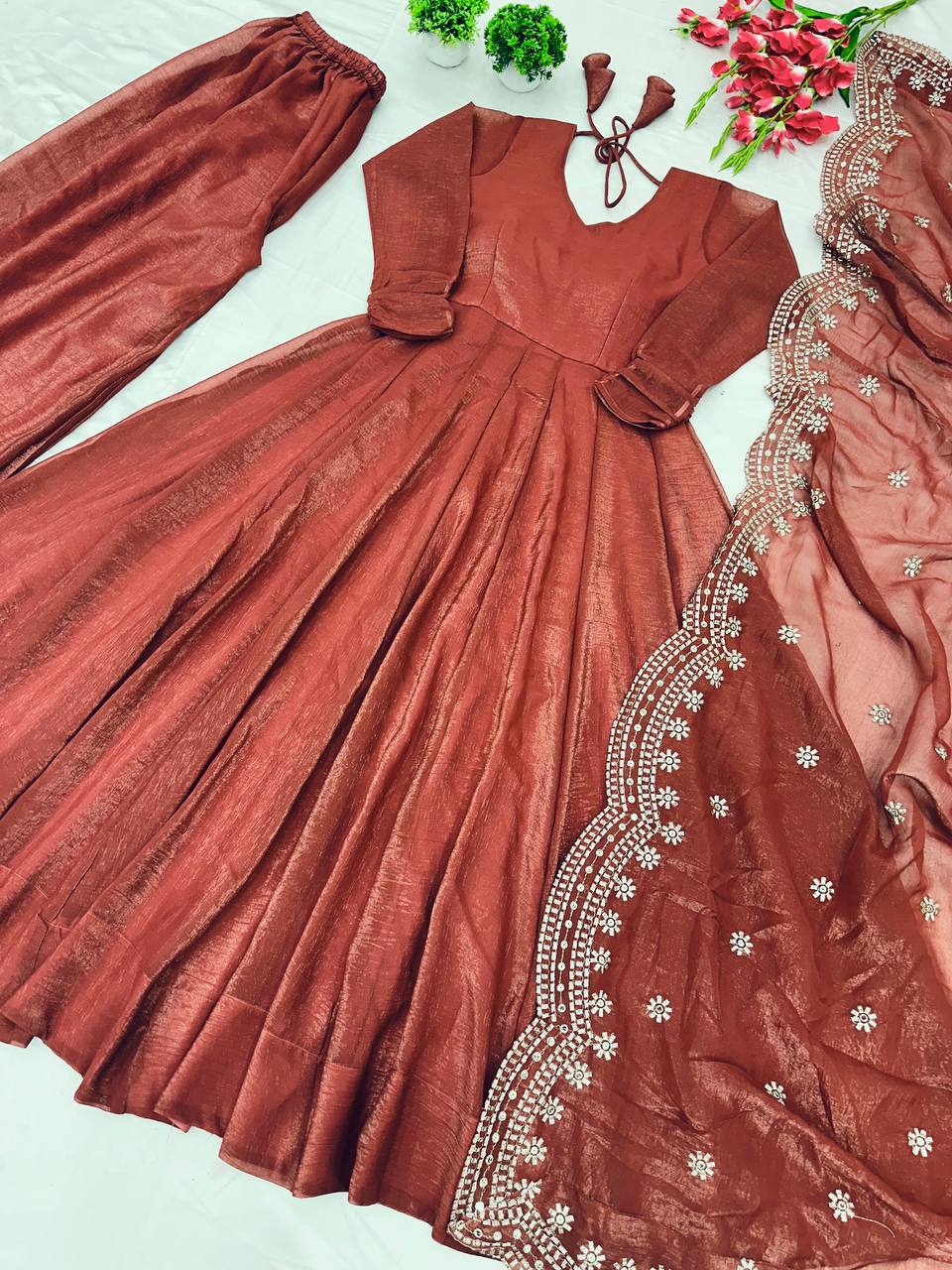 Brown Designer Heavy Fandy Silk Gown with Dupatta For Party Wear 