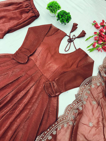 Brown Designer Heavy Fandy Silk Gown with Dupatta For Party Wear 