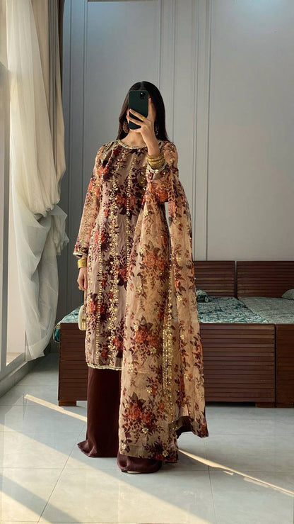 Brown Designer Heavy Faux Georgette Embroidery Palazzo suit and Dupatta