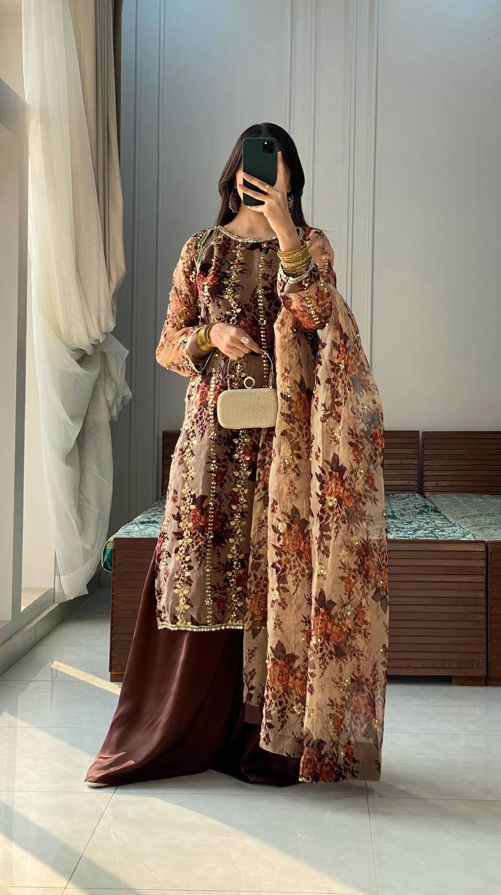 Brown Designer Heavy Faux Georgette Embroidery Palazzo suit and Dupatta