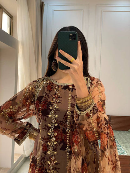 Brown Designer Heavy Faux Georgette Embroidery Palazzo suit and Dupatta