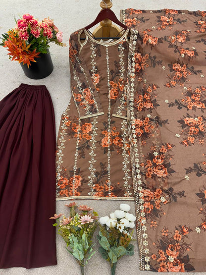 Brown Designer Heavy Faux Georgette Embroidery Palazzo suit and Dupatta