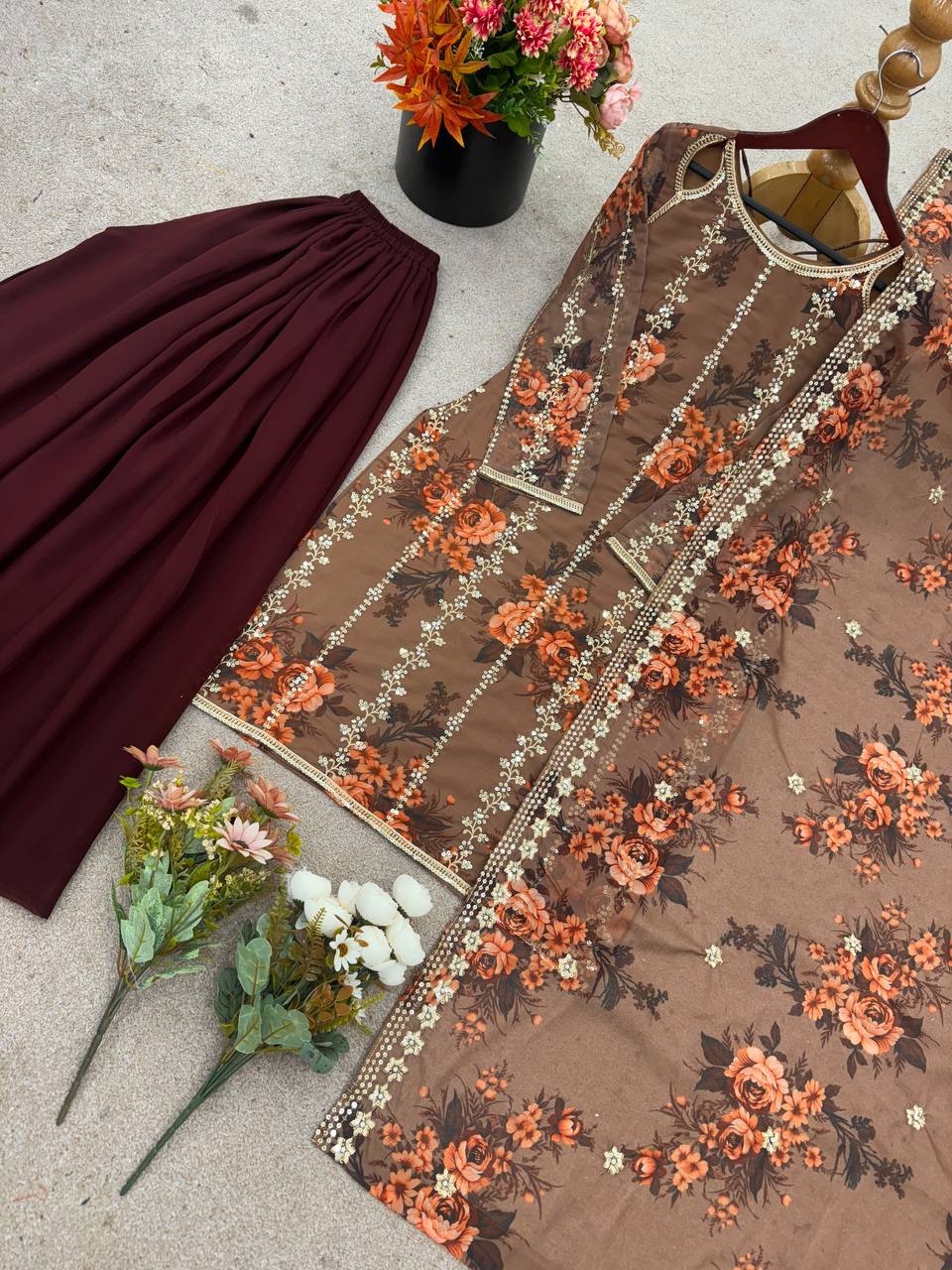 Brown Designer Heavy Faux Georgette Embroidery Palazzo suit and Dupatta