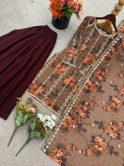 Brown Designer Heavy Faux Georgette Embroidery Palazzo suit and Dupatta