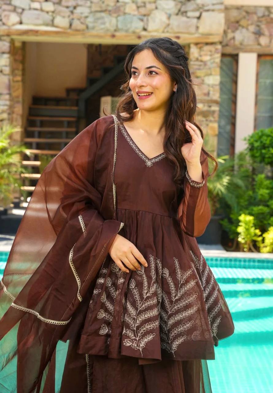 Brown Designer Heavy Star Georgette Top Bottom and Dupatta For Party Wear