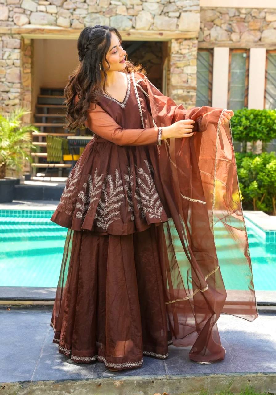 Brown Designer Heavy Star Georgette Top Bottom and Dupatta For Party Wear