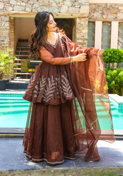 Brown Designer Heavy Star Georgette Top Bottom and Dupatta For Party Wear