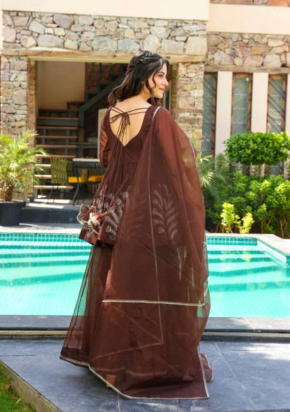 Brown Designer Heavy Star Georgette Top Bottom and Dupatta For Party Wear