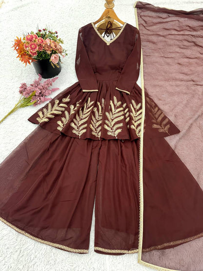 Brown Designer Heavy Star Georgette Top Bottom and Dupatta For Party Wear