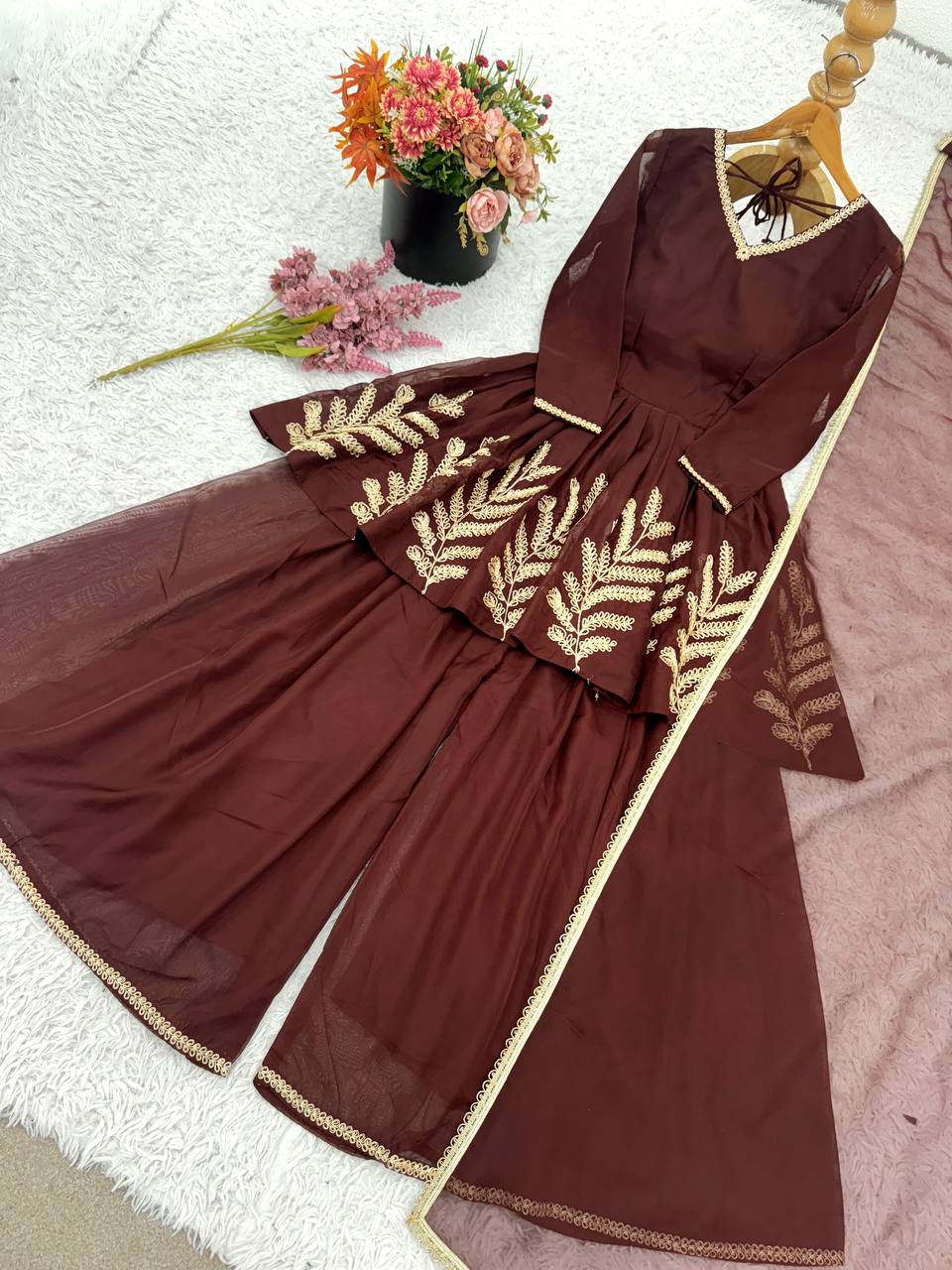 Brown Designer Heavy Star Georgette Top Bottom and Dupatta For Party Wear