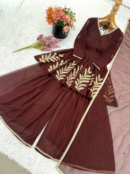 Brown Designer Heavy Star Georgette Top Bottom and Dupatta For Party Wear