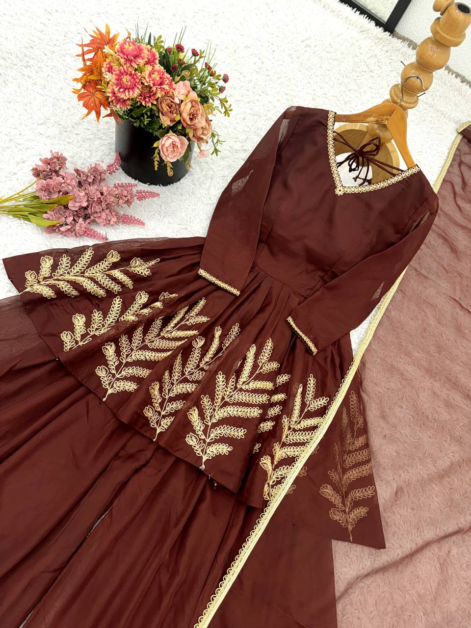 Brown Designer Heavy Star Georgette Top Bottom and Dupatta For Party Wear