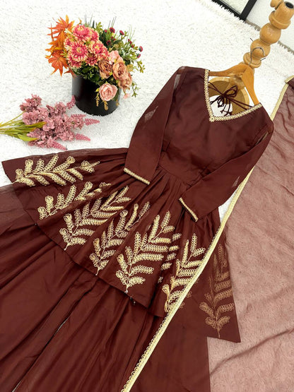 Brown Designer Heavy Star Georgette Top Bottom and Dupatta For Party Wear