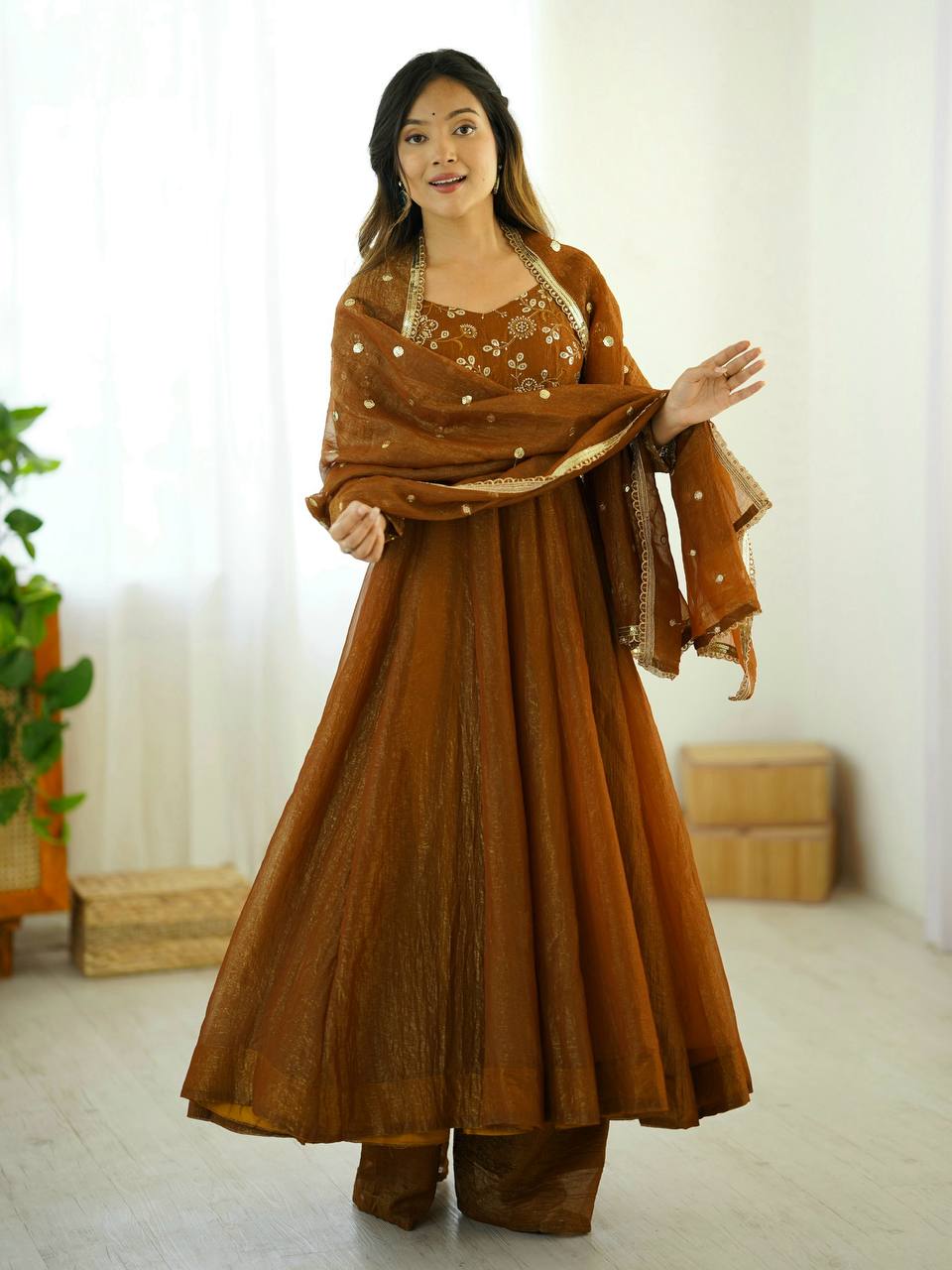 Brown Designer Roman Shimmer Silk Embroidery Gown and Dupatta