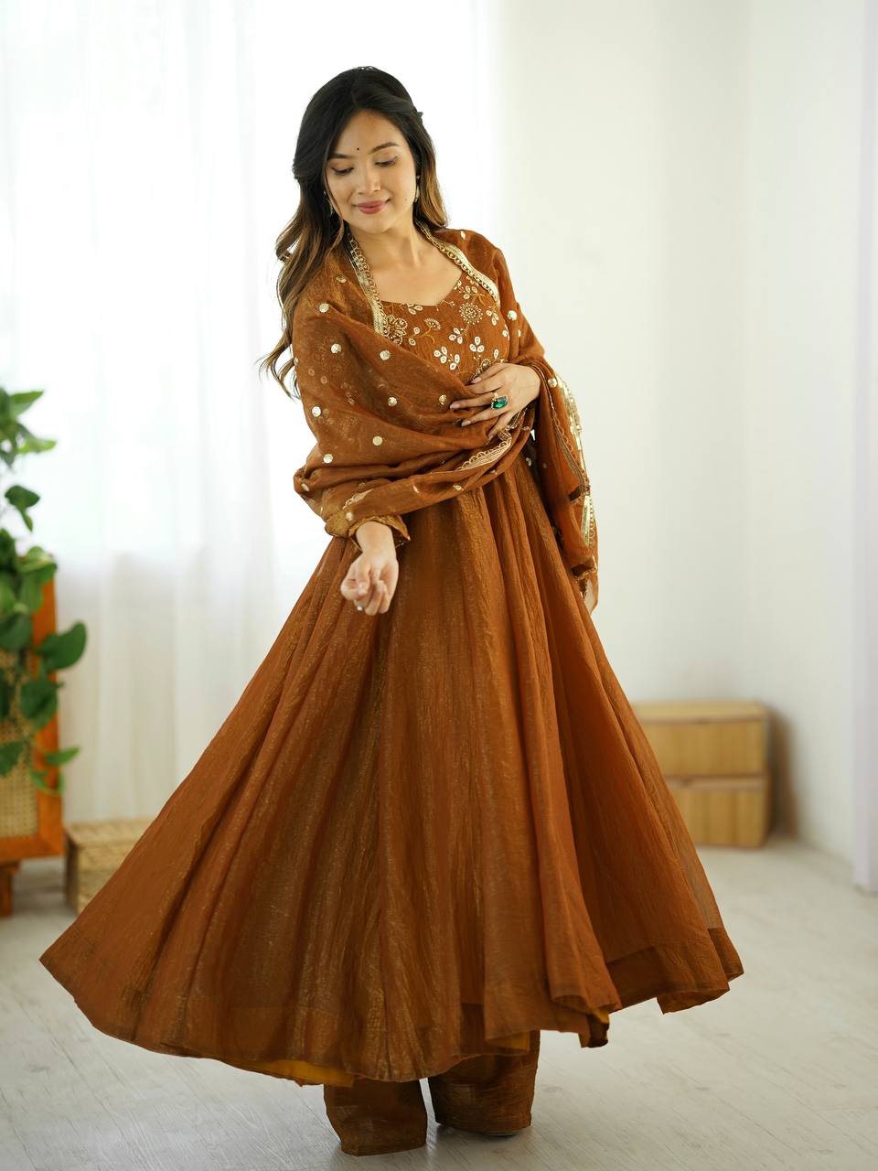 Brown Designer Roman Shimmer Silk Embroidery Gown and Dupatta