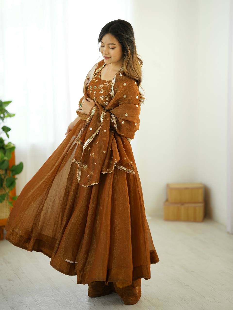 Brown Designer Roman Shimmer Silk Embroidery Gown and Dupatta