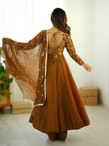 Brown Designer Roman Shimmer Silk Embroidery Gown and Dupatta