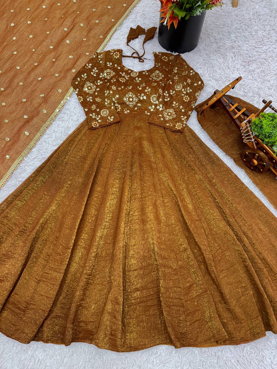 Brown Designer Roman Shimmer Silk Embroidery Gown and Dupatta