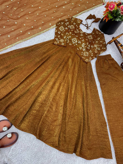 Brown Designer Roman Shimmer Silk Embroidery Gown and Dupatta