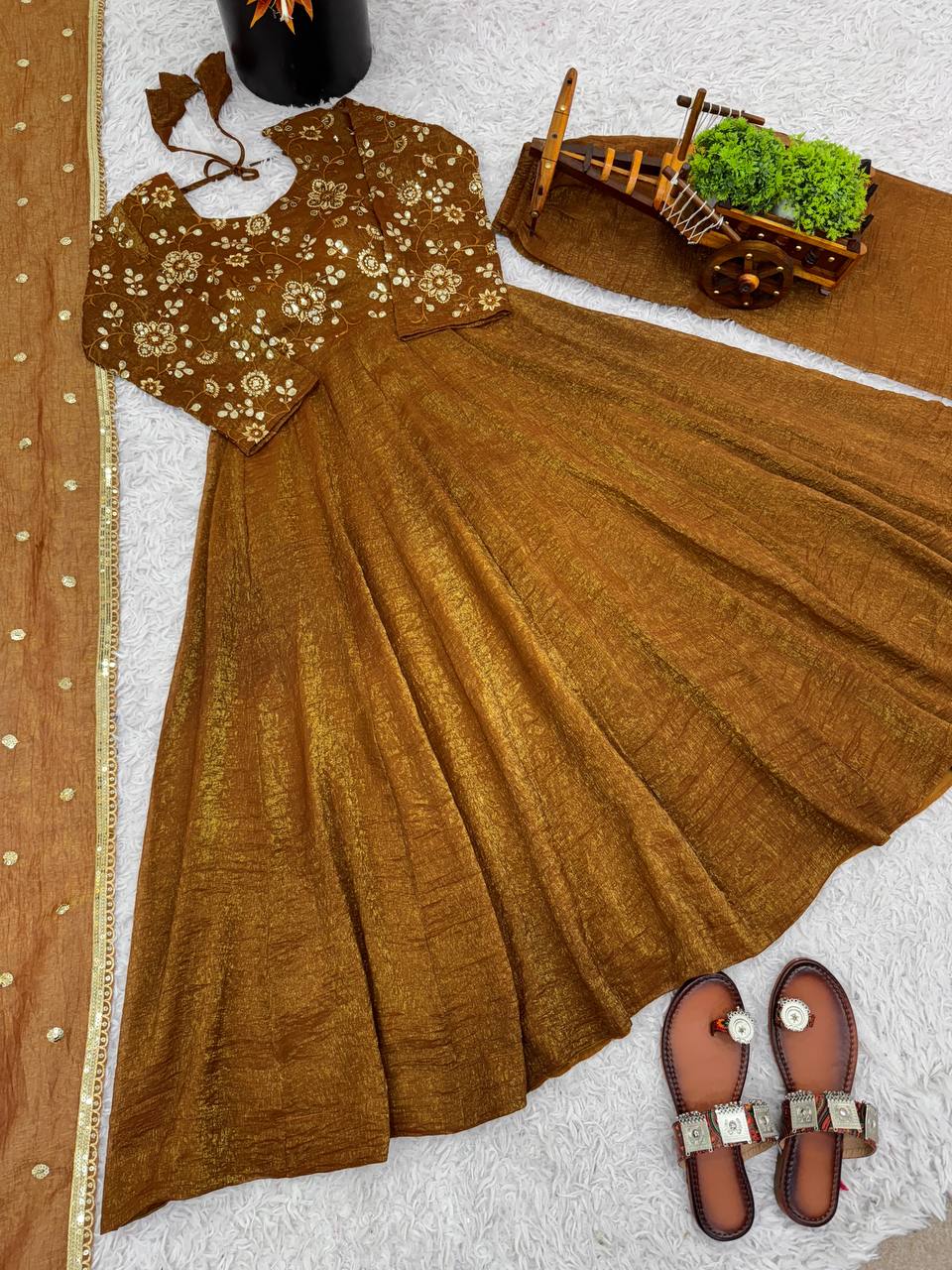 Brown Designer Roman Shimmer Silk Embroidery Gown and Dupatta