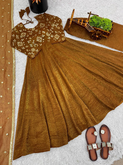 Brown Designer Roman Shimmer Silk Embroidery Gown and Dupatta