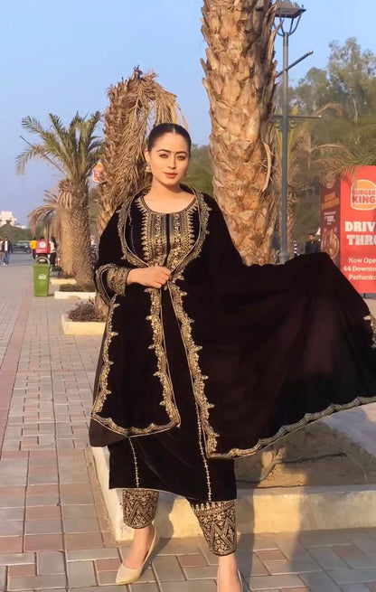 Brown Designer Viscose Velvet Bottom Top and Dupatta For Party Wear