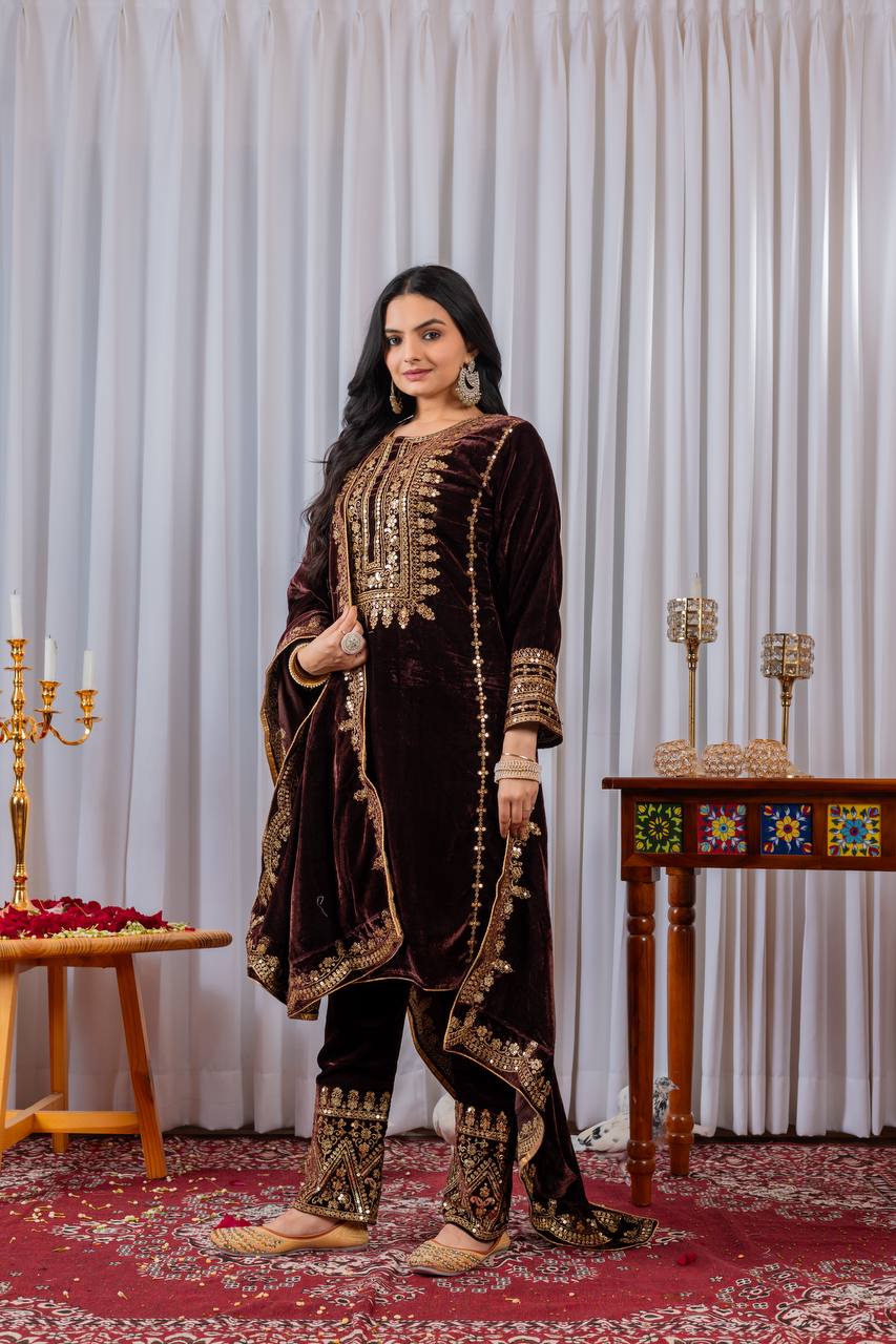 Brown Designer Viscose Velvet Bottom Top and Dupatta For Party Wear