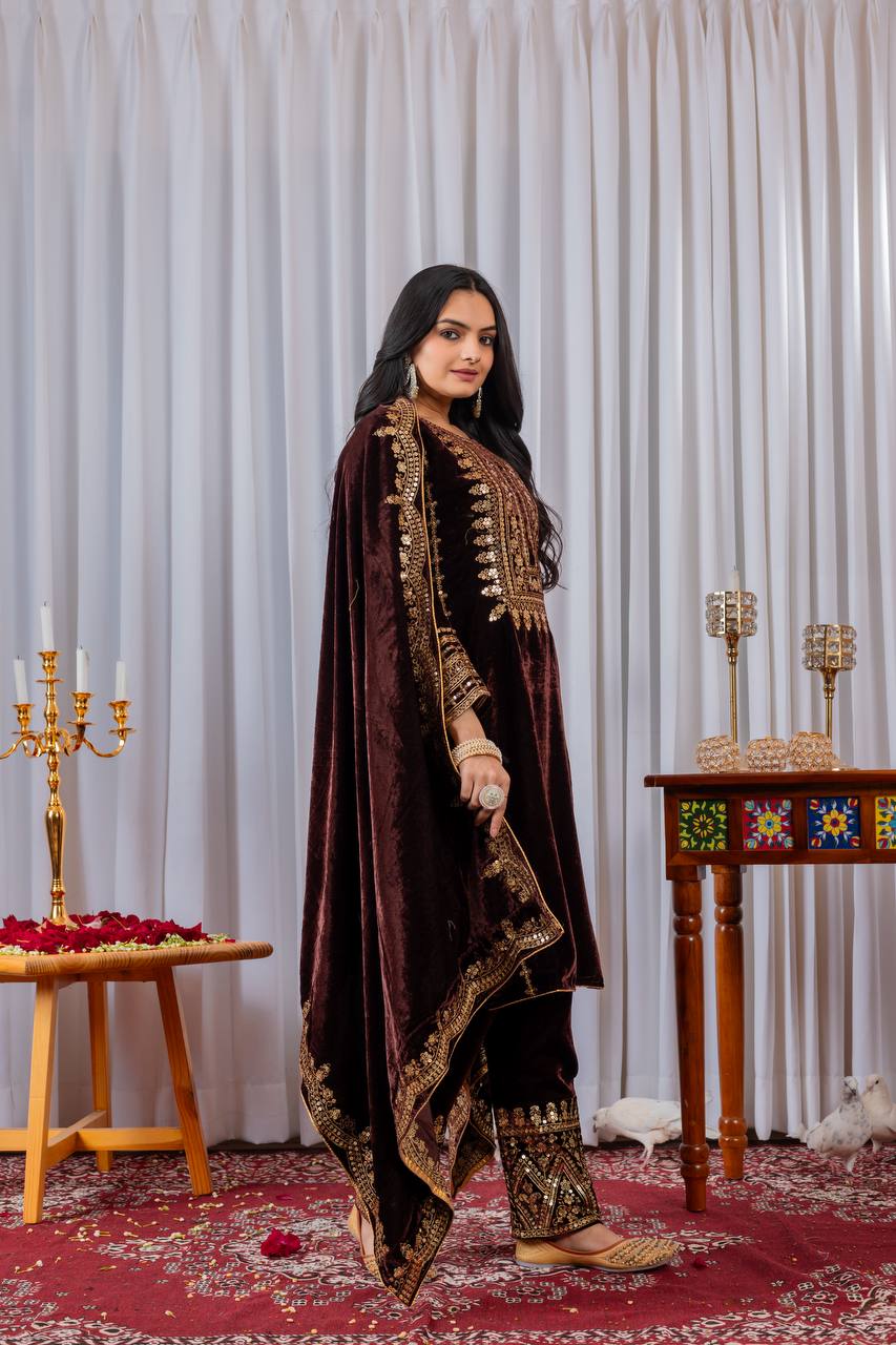 Brown Designer Viscose Velvet Bottom Top and Dupatta For Party Wear