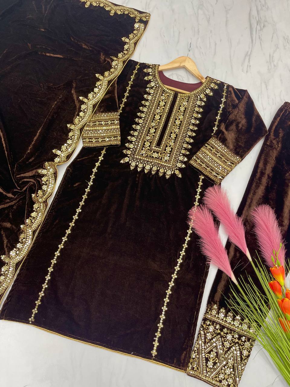 Brown Designer Viscose Velvet Bottom Top and Dupatta For Party Wear