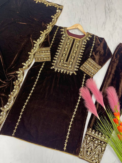 Brown Designer Viscose Velvet Bottom Top and Dupatta For Party Wear